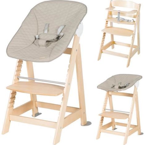 Chaise haute évolutive 2-en-1 - ROBA - BORN UP - Transat inclinable 'Greyish matelassé' inclus - Bois naturel