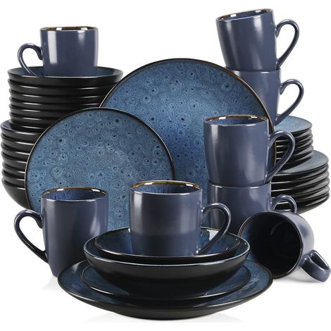 40-teiliges BUBBLE Tafelservice Steinzeug Blau Vintage Geschirr Set (1/5)