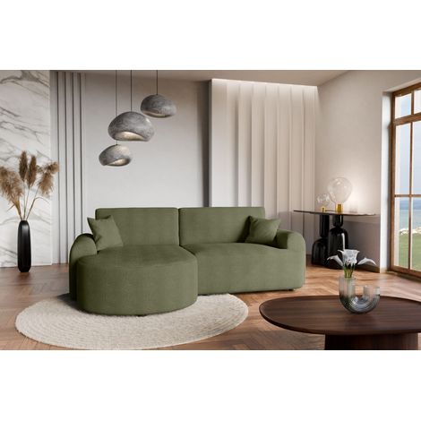 Divano angolare destro moderno con funzione letto in bouclé verde bottiglia – ARTE PREMIUM, direttamente dal produttore (1/5)