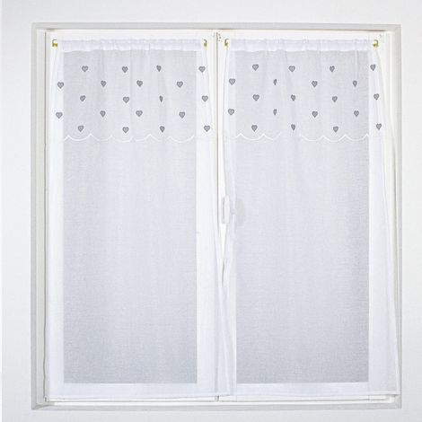 Homemaison – Paire de voilages droits sablés gris clair 60x120 cm – Top brodé de cœurs – Laisse passer la lumière – Prêts à poser (1/3)