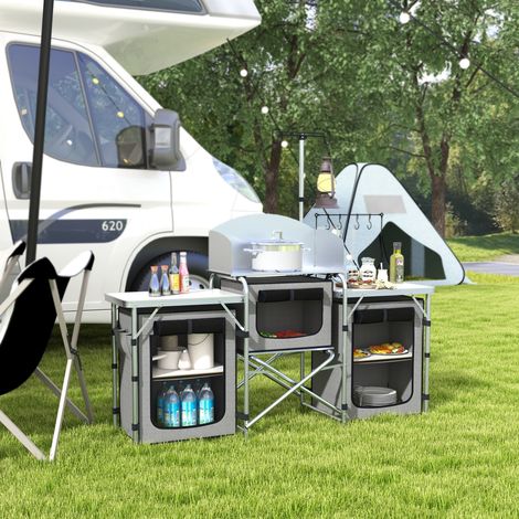 Gris/argent - Cuisine de camping, pliable, pare-brise, 3 compartiments en tissu, cadre en aluminium, 172x48x119cm