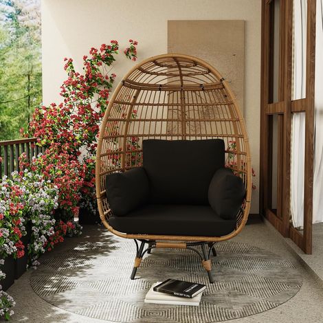 Fauteuil Œuf de Jardin Pivotant 360° en Rotin avec Structure Métal et 4 Coussins, Chaise Lounge Extérieure pour Terrasse, Balcon et Jardin, Noir (1/5)