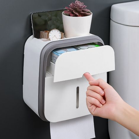 Lot porte-rouleau WC mural gris, étagère de rangement salle de bain, support téléphone, boîte à serviettes hygiéniques, accessoire suspendu. (1/3)