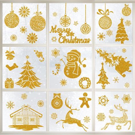 [9 feuilles] Stickers fenêtre Noël en OR MERRY CHRISTMAS I Autocollant fenêtre Noël doré réutilisables I Décoration de Noel stickers vitres vitrine électrostatique XXL GRANDE