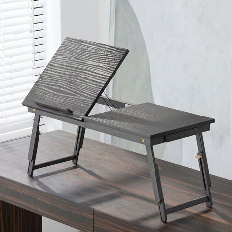 Table de lit pliable et réglable, plateau de lit pour ordinateur portable en bambou plateau inclinable 83,5x33x34cm noir (1/5)