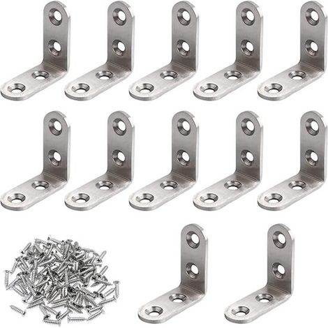 Connecteurs d'angle Allecto Plus en acier inoxydable, 40 x 40 mm, en forme de L, lot de 12, vis incluses. Pour tables, chaises et étagères. Couleur argentée. (1/5)