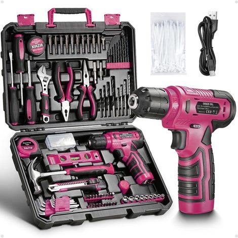 Kit d’outils 233 pièces avec perceuse sans fil, boîte à outils complète pour bricolage à domicile comprenant tournevis, pinces, marteau, accessoires et perceuse (1/2)