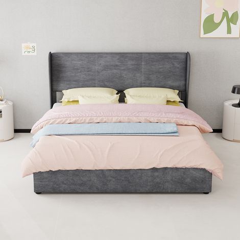 Lit rembourré moderne minimaliste 160x200 cm gris avec tête de lit moelleuse, sommier coffre haut à levage gaz, rangement intégré, chambre à coucher