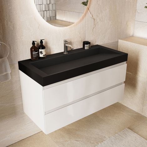 Meuble Zarivo 100cm blanc brillant vasque noire LOMAZOO (1/5)