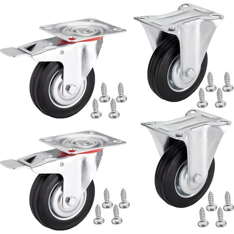 4er SET SOTECH Transportrollen RED Ø 100 mm (2x Bockrollen, 2x Lenkrollen mit Bremse) Höhe 127 mm, Anschraubplatte 100 x 82 mm Traglast bis 360 Kg Schwerlastrolle