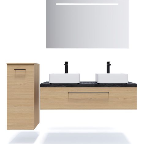 Meuble de salle de bain suspendu 2 vasques à poser 120cm 1 tiroir Chêne clair + miroir + colonne ouverture gauche - Glasgow (1/5)