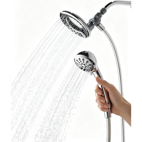 Ensemble de douche américain avec pomme de douche fixe et douchette à main, double jet chromé, buses autonettoyantes à 4 modes, installation facile, douche à pression pour usage domestique (1/5)