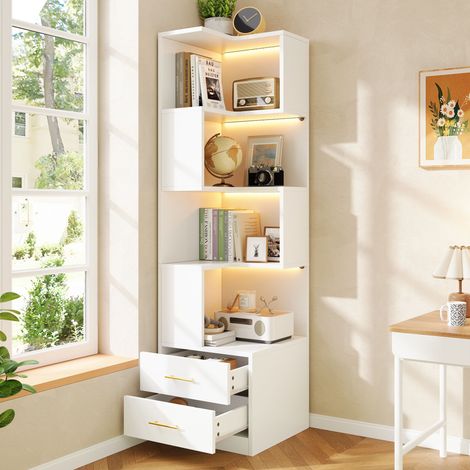 Étagère d'angle blanche de 165 cm, meuble d'angle avec éclairage LED et 2 tiroirs, étagère basse à 4 niveaux, étagère d'exposition multi-niveaux pour salon et chambre (1/4)
