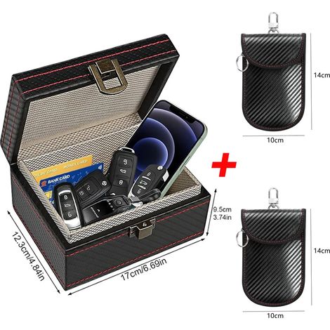 (Grand modèle avec sac) Boîte Faraday antivol avec sac pour porte-clés, protection RFID Faraday pour porte-clés, boîte pour téléphone portable anti-radiations, sans clé de voiture (1/5)