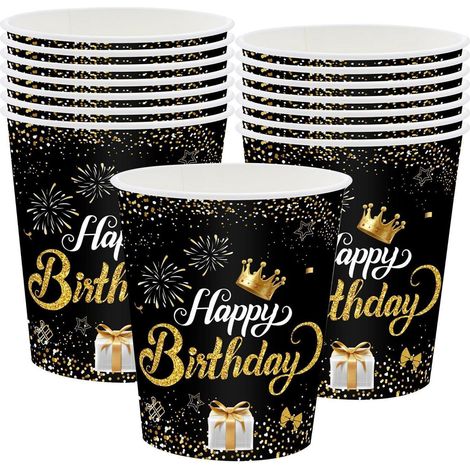 16er Set Pappbecher Schwarz Gold Happy Birthday 250ml für Partys