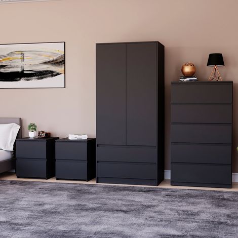 4 Piece Denver Bedroom Set, 2 Drawer Large Bedside Chest x2, 5 Drawer Chest, 2 Door 2 Drawer Wardrobe, Black (1/2)