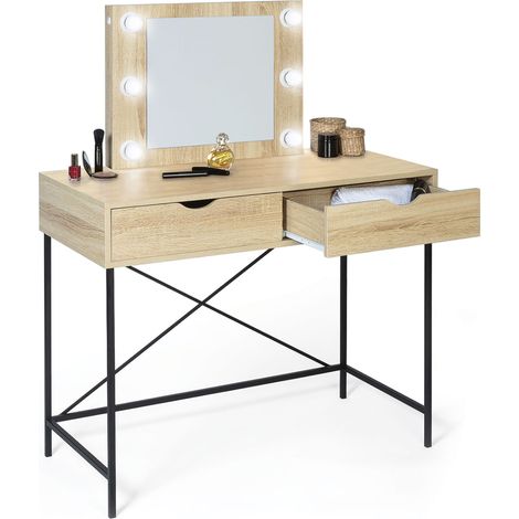 Idmarket – Coiffeuse enfant avec miroir LED – Plateau en bois 98,5 x 48 cm – 2 tiroirs – Design industriel chic (1/5)