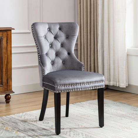 Lot de 2 chaises avec dossier haute, pieds en bois, chaise pour salle à manger et chambre, en velours, gris