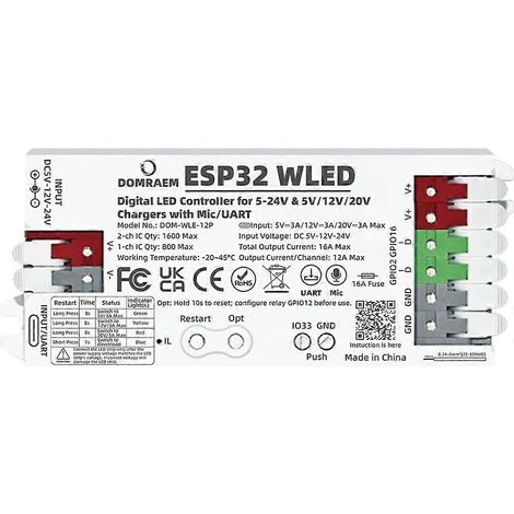 DOMRAEM PD ESP32 WLED Digitaler LED-Controller mit Micro/UART und 16A-Sicherung für WS281X SK6812 APA102 LED-Streifen (1/5)