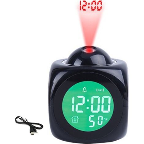 Réveil à projection pour chambre, horloge numérique rotative à 180°