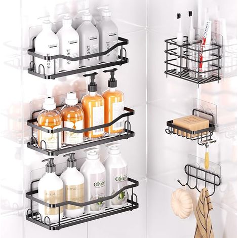 Shower Shelves, Bathroom Storage Shelves, Bathroom Accessory Bathroom Organiser with Shower Baskets, Soap Dish, Toothbrush Holder, Hook (1/5)