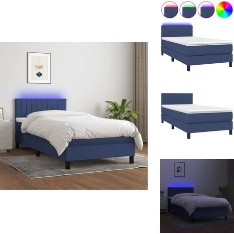 Sommier à lattes de lit avec matelas et LED Bleu 90x200cm Tissu - Sommier Tapissier - Lit Avec Led - Matelas À Ressorts Ensachés - Tête De Lit Ajustable - Éclairage LED (1/5)