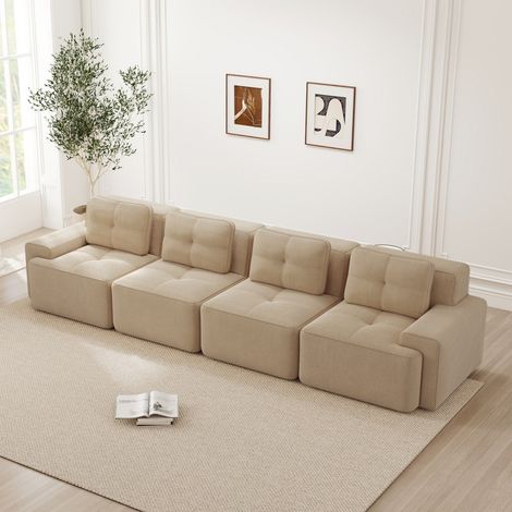Sofá modular de 4 plazas de 382 x 104 x 69 cm - Gran banqueta recta de terciopelo acanalado con asiento profundo sin estructura - Beige (1/5)