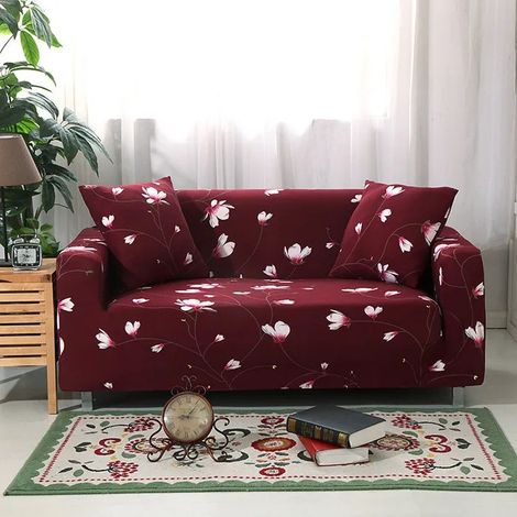 Housse de Canapé Extensible 2 Place Couverture Canapé avec Accoudoirs, Fleurs, Bordeaux[SFT4] (1/4)