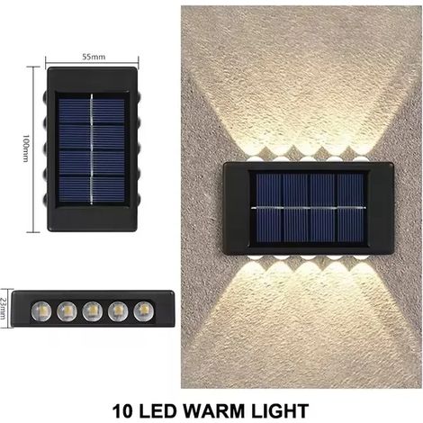 (10PCS-10LED-WARM)Lampe solaire d'extérieur pour jardin, ampoule solaire, lampe murale solaire, projecteur solaire rechargeable avec éclairage vers le haut et vers le bas (1/5)