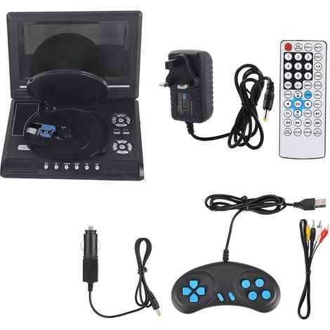 Lecteur DVD portable 7 pouces écran pivotant rechargeable TV chargeur voiture manette jeu 100-240V prise UK (1/5)