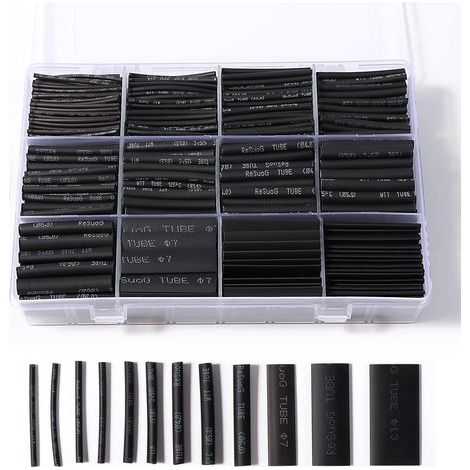 Lot de 900 gaines thermorétractables noires pour isolation électrique, 12 tailles, rapport de rétrécissement 2:1 (1/5)