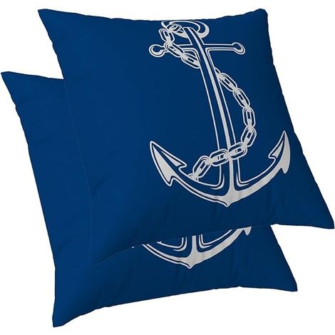 Nautical Cushion Covers Anchor Decorative Cushions Maritime Navy Blue Linen Cushion Covers for Sofa, Sofa, Bedroom, Living Room, Children, Sailing Theme, Pillowcases 40 x 40 cm, Set of 2 (1/5)