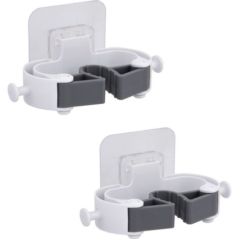 Set 2 Portascopa da Parete Singolo fissaggio a muro con  Viti o Adesivo Extra Forte in Dotazione Supporto per Scope e Mop Bianco e Grigio 11x5.5 cm  per Ripostiglio e Garage ordine con stile