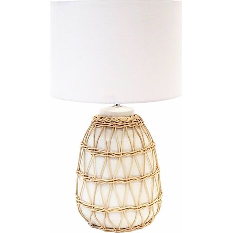 Lampe de table en rotin naturel et céramique blanche élégante - Blanc et rotin naturel (1/3)