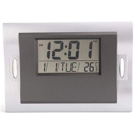 Horloge Silencieuse Moderne avec Écran LCD, Affichage Heure/Date/Jour/Température, Réveil Électronique pour Salon ou Bureau, Design Épuré Gris (1/5)