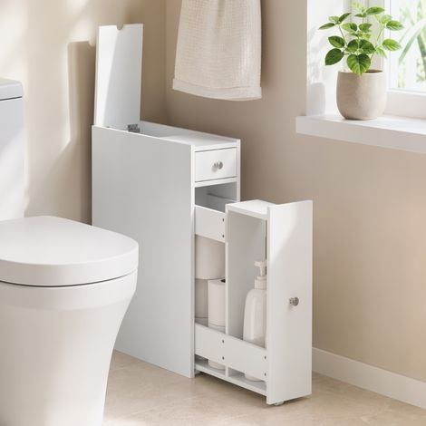 MODFU – Mobile bagno 16x48x58 cm in MDF con 2 cassetti, nicchia aperta, anti-ribaltamento ed estrazione totale – Bianco (1/5)