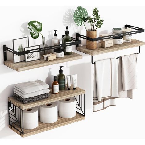 3er Pack Badezimmer-Wandregale – Schwebende Rustik-Holzregale mit Metallrahmen und Handtuchhalter, für WC, Küche, Schlafzimmer und Wohnzimmer (1/5)