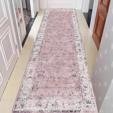 Tapis de Couloir Rose, Teintes Douces, Lavable 60 x 180 cm, Tapis Cuisine Antidérapant 5 mm, Effet Cachemire avec Dos en Caoutchouc TPR, Style Vintage (1/5)