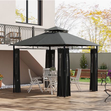 Pergola da giardino 3 x 3 m a doppio tetto con tende rimovibili, metallo grigio scuro DESVIAE (1/5)