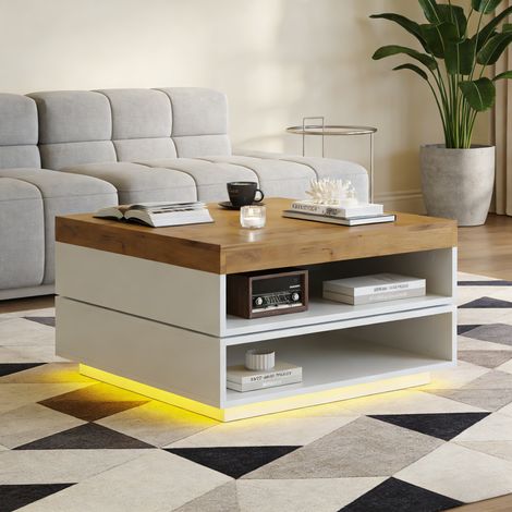 Quadratischer Couchtisch 65 x 65 x 40 cm, 360° drehbar, LED, MDF weiß und Holz HAVRYA (1/5)