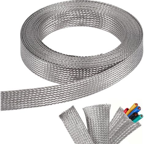 6m Gaine Tressée en Acier Inoxydable 304, 20mm de Large Tressage Plat Étamé en Acier Inoxydable Gaine de Blindage Flexible pour Câbles (1/5)