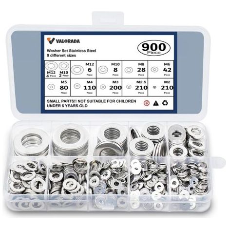 Lot de 900 rondelles plates en acier inoxydable pour vis et boulons, 9 tailles M2, M2,5, M3, M4, M5, M6, M8, M10, M12 (1/5)