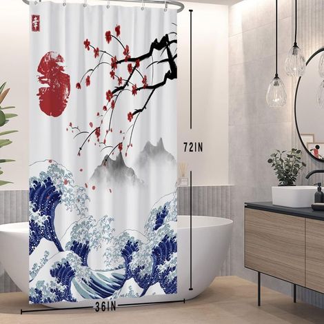 Japanischer Duschvorhang 90×180 cm, Motiv: Sonnenuntergang mit Kirschblüten am Berg Fuji, Badezimmerdekoration mit Meereslandschaft (1/5)