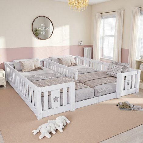 Cama infantil doble - Cama con barrotes estrellas - 180x200 cm - Madera maciza de pino blanco - Barrera de seguridad 40 cm