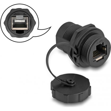 Delock Acoplador RJ45 Cat.6A con tapa de sellado IP67 resistente al polvo y al agua