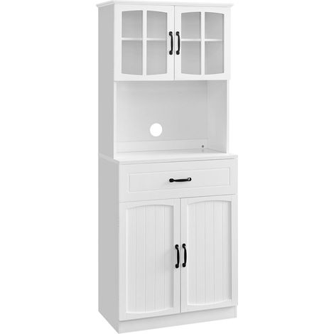 Credenza alta da cucina 41,5 x 73 x 179,8 cm mobiletto dispensa con ante in vetro e ripiani regolabili foro per cavo microonde stile moderno bianco 120004537
