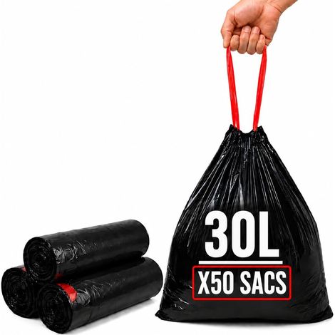Sac Poubelle 30L Lien Coulissant - 50 Sacs Poubelles 30 Litres Noirs - Résistant (30 µ) et Etanche - Poubelles Cuisine - Fermeture Lien-Poignée - Pratique et Hygiénique - Top Qualité (1/5)
