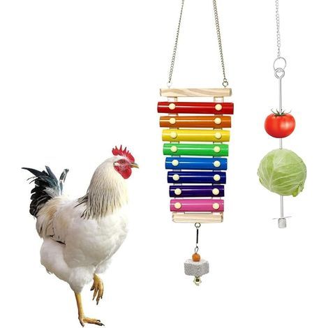 Juguete de pollo de 2 piezas, juguete de pollo xilófono con 8 teclas de metal y rueda de molienda, soporte colgante para comida de pollo (1/5)