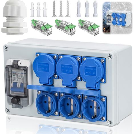 Répartiteur de courant de construction 16 A – Distributeur de courant étanche IP67 avec interrupteur FI 6 prises, pour l'intérieur et l'extérieur, les pièces de courant de construction, les ateliers (1/5)