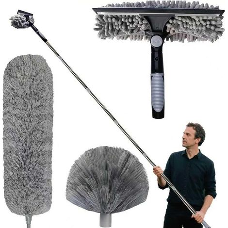 Plumeau télescopique de 4,3 mètres — un plumeau à longueur réglable pour les toiles d'araignée, doté d'une raclette pour vitres et d'une tête de dépoussiérage en chenille, adapté aux plafonds et aux s (1/5)